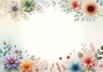Fototapeta premium An image with a soft, light watercolor background, featuring different botanical rainbow flowers framing the edges
