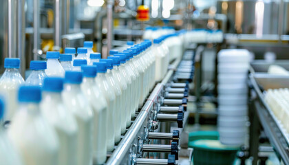 Obraz premium A conveyor belt filled with bottles of milk is shown operating in a factory setting