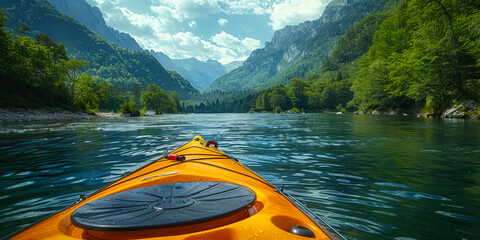 Whitewater Kayaking Adventure: Paddler Navigating Turbulent Rapids in Scenic Mountain River Landscape during Daytime