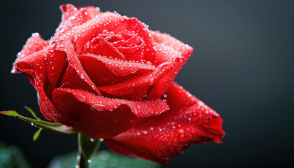 A beautiful red rose covered in dew rests on a dark surface next to vibrant green grass