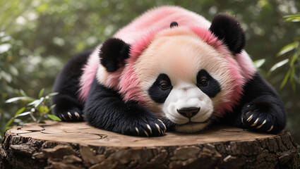 panda bear wearing a pink hat is lying on a tree stump in a forest.