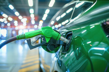A green car is currently stationed at a gas station, undergoing a refueling process