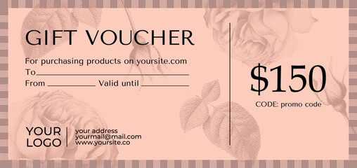 Gift Voucher Coupon Template with Rose Flowers for Spa Salons or Beauty Shops