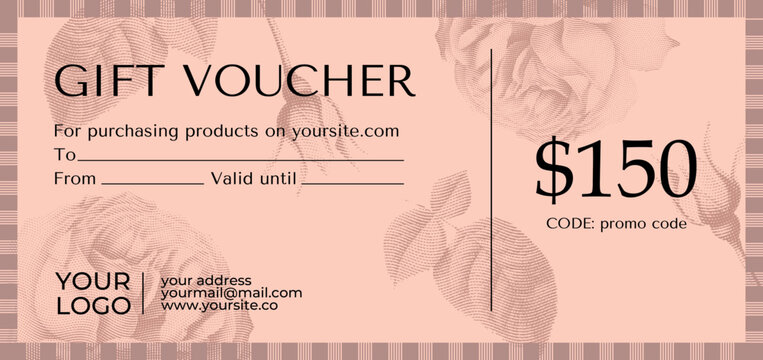 Gift Voucher Coupon Template with Rose Flowers for Spa Salons or Beauty Shops