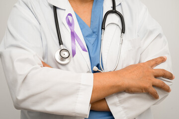 Asian woman doctor with purple ribbon, sign of Alzheimer disease day, Pancreatic cancer, Epilepsy,...