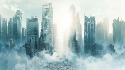 Ruined skyscrapers in a post-apocalyptic setting isolated on white background with a glowing effect