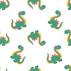 Naklejka premium Seamless vector pattern in child style on white background. Cute dinosaur on a white background. Vector illustration