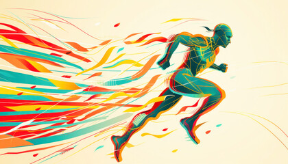 Artwork depicts a person running on a racetrack with energetic colors and lively strokes
