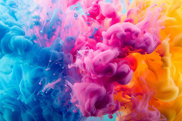 A vivid, swirling mix of blue, pink, and yellow paint forms an energetic and eye-catching abstract composition suspended in water.