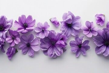 A row of purple flowers aligned on a white surface, with one flower situated centrally - Powered by Adobe