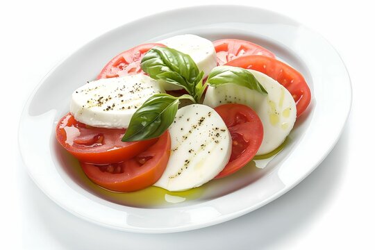 a clean fresh capresse salad with big mozzarella and thin tomato slices on a plain cotta plate 