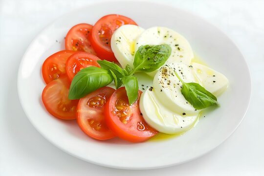 a clean fresh capresse salad with big mozzarella and thin tomato slices on a plain cotta plate 