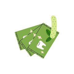 Mint whitening strips with bleaching gel. Dental stripes with menthol for fresh breathing. Product for protection of oral hygiene, tooth health. Flat isolated vector illustration on white background