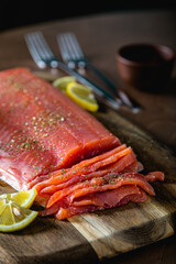 Smoked trout fillet. Piece of salmon