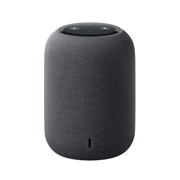 Modern black smart speaker with a sleek cylindrical design, perfect for high-quality audio, smart home integration, and voice control.