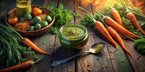 Carrot tops homemade pesto sauce on a wooden table , Carrots, tops, homemade, pesto, recipe, healthy, organic, fresh, green, food, herb, ingredients, vegetarian, sauce, culinary, homemade