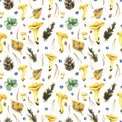 Forest edible chanterelle mushrooms are yellow with blueberries, autumn leaves and pine needles, cone. Watercolor illustration, hand drawn. Seamless pattern on a white background.
