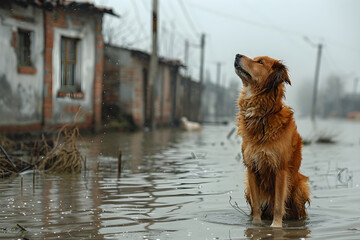 Flood / hurricane aftermath dog in flooded yards animals seeking shelter form the water