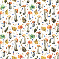Forest edible boletus mushrooms with blueberries, cones, autumn leaves and twigs. Watercolor illustration, hand drawn. Seamless pattern on a white background