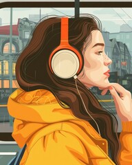A young woman wearing headphones listens to music while sitting on a bus, lost in her own world of melodies and rhythms