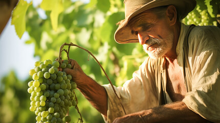 Man picking grapes: Manually picking green grapes on vineyards to make wine.