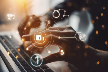 Hands typing on a laptop with futuristic digital financial icons overlay, symbolizing modern banking and technology integration for business.