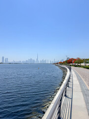beautiful embankment with flowering trees overlooking the downtown Dubai on a sunny day, UAE