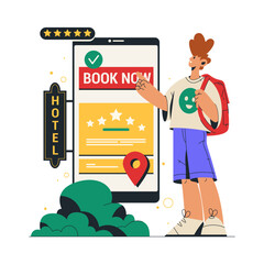 Vector illustration for smartphone booking app. Character near phone book hotel or motel. Mobile application for tourist vacation ticket order. App for trip or journey house order. Internet tech