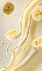 Pouring milky light yellow liquid with banana slices flying around