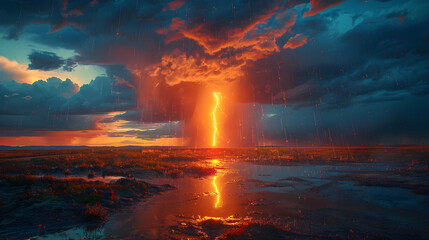 Obraz premium Lightning thunderstorm flash over the night sky. Concept on topic weather, cataclysms (hurricane, Typhoon, tornado, storm)