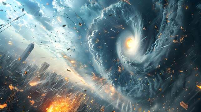 massive swirling vortex over a cityscape with debris and fire, concept of natural disaster and apocalypse, dynamic urban destruction scene