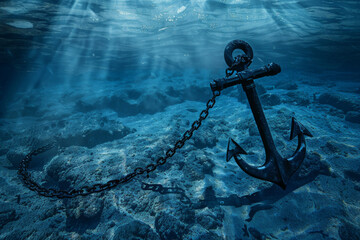 An old anchor rests on the seabed, its rusty chain trailing amid serene, sunlit underwater blues, evoking a sense of nautical history.