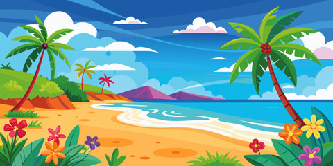 Fototapeta na wymiar Seaside Bliss Lush Palms and Vibrant Flowers on the Shore
