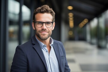 Obraz premium Portrait of a happy man in his 30s wearing a chic cardigan on sophisticated corporate office background