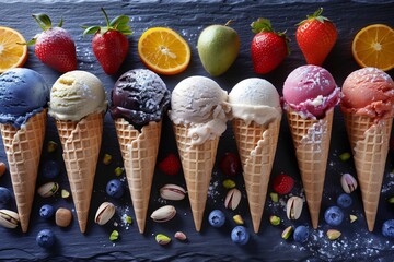 A beautifully arranged assortment of ice cream cones featuring vibrant blueberry, creamy strawberry, nutty pistachio, crunchy almond, zesty orange, and rich cherry flavors.