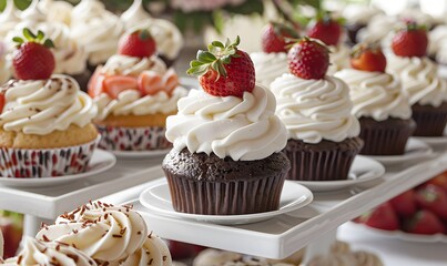 A table laden with tray after tray of strawberries 
 cupcakes, 