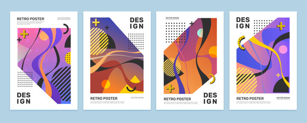 Vector collection of retro banners. Set of isolated vintage background with geometric shapes. Art backdrop for flyer or leaflet. Booklet or leaflet cover with line pattern. Abstract decor for message