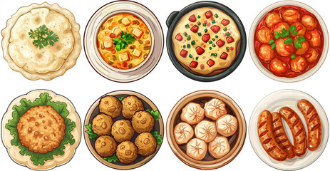 food set - delicious dishes, flat lay, top view, overhead, illustration