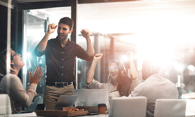 Business people, excited and celebration for success in office with company investment and stock...