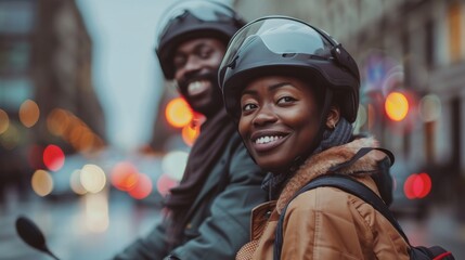 Joyful Multiracial Couple Riding Scooters in Urban Environment. Generative ai.