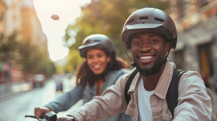 Joyful Multiracial Couple Riding Scooters in Urban Environment. Generative ai.