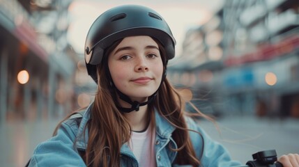 Young Teenage Girl in Helmet and Blue Jacket Urban Cycling Portrait. Generative ai.