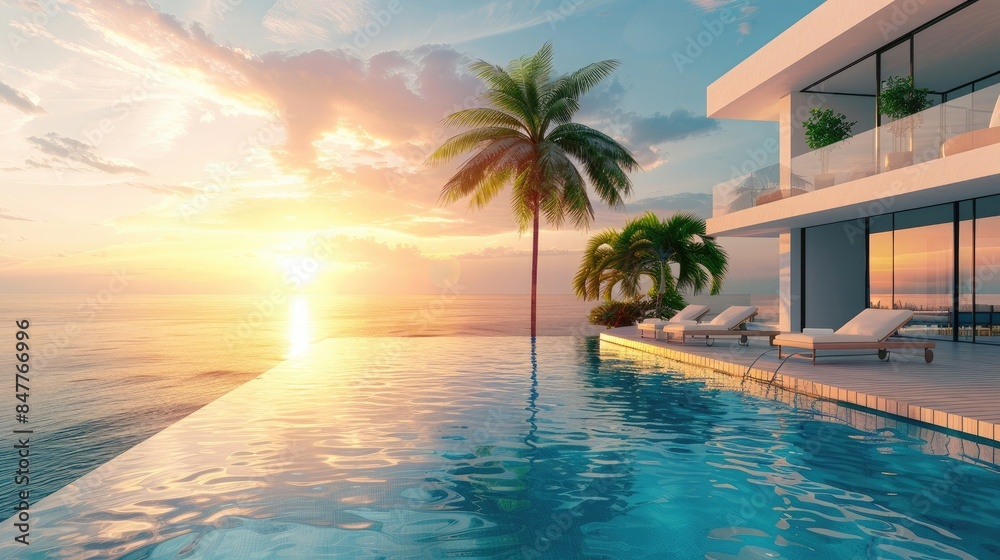 Wall mural sea view.luxury modern white beach hotel with swimming pool at sunset. sunbed on sundeck for vacatio - Wall murals