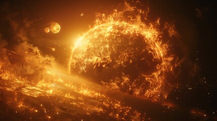 A burning planet and its moon, surrounded by a luminous nebula and scattered meteors in deep space