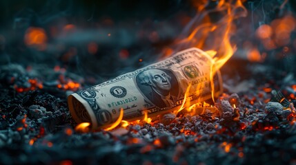 Intense Image of Burning Banknotes Symbolizing Financial Market Volatility and Instability During a Global Banking System Collapse, Set Against a Backdrop of Glowing Embers and Sparks