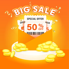 Big Sale Promotional Labels Template Set with Pop-Up Voucher Tickets in Envelope, 3D Product Podium, and Confetti. Template for business, discount shopping, sale promotion, and advertising.