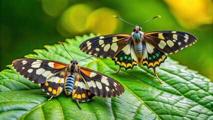 Fototapeta premium Nine-spotted moth on green leaf with pair of copulating butterflies in forest , nine-spotted moth, green leaf, yellow belted burnet, Amata phegea, Amata nigricornis, pair of butterflies