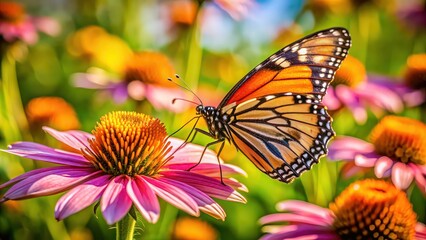 Fototapeta premium Macro shot of a butterfly sitting on a flower in a summer garden, nature, beauty, closeup, vibrant, colorful, insect, pollination, garden, wildlife, outdoor, floral, delicate