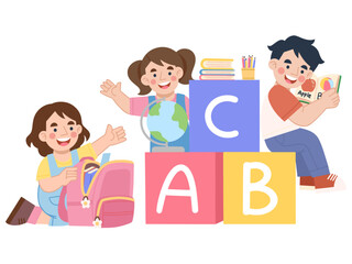 Children reading and studying vector illustration