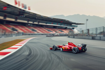 A red formula race car accelerates on an empty racetrack, showcasing the thrill of high-speed racing with a mountainous backdrop.